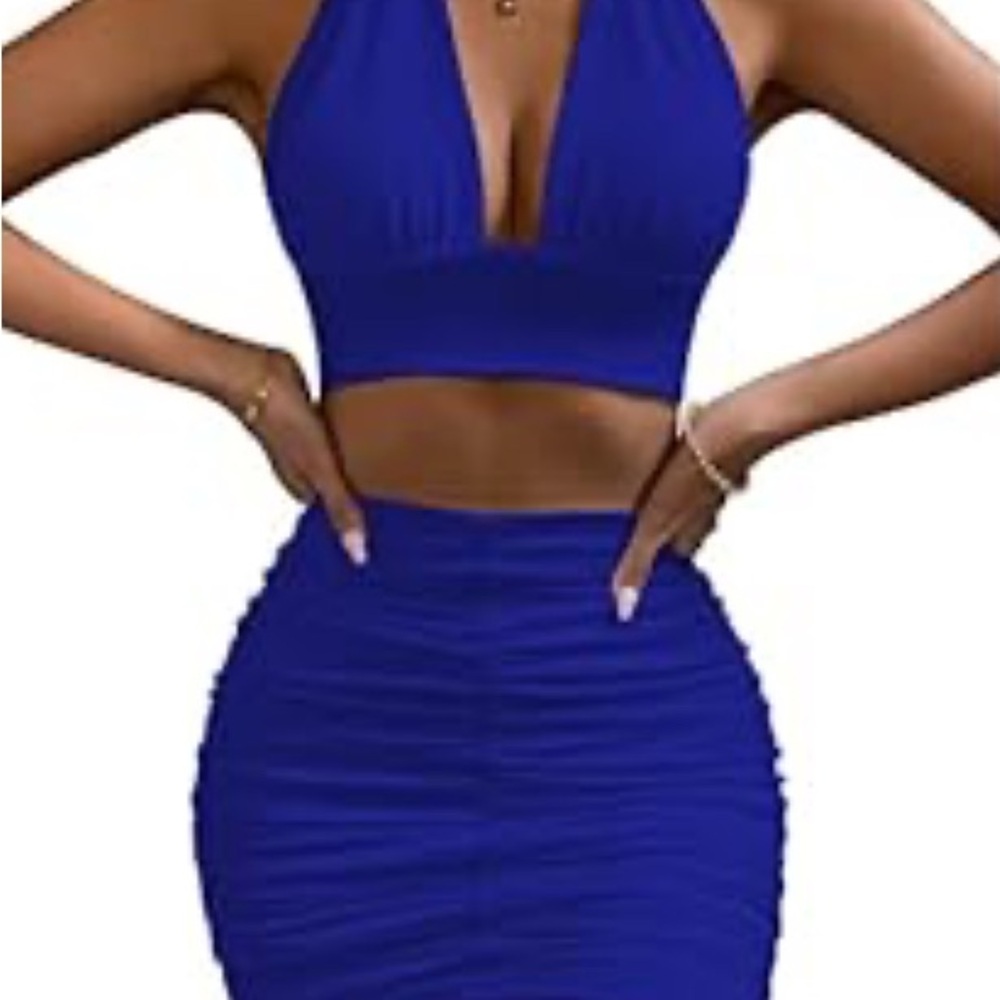 Stylish Blue Halter Top and Skirt Set